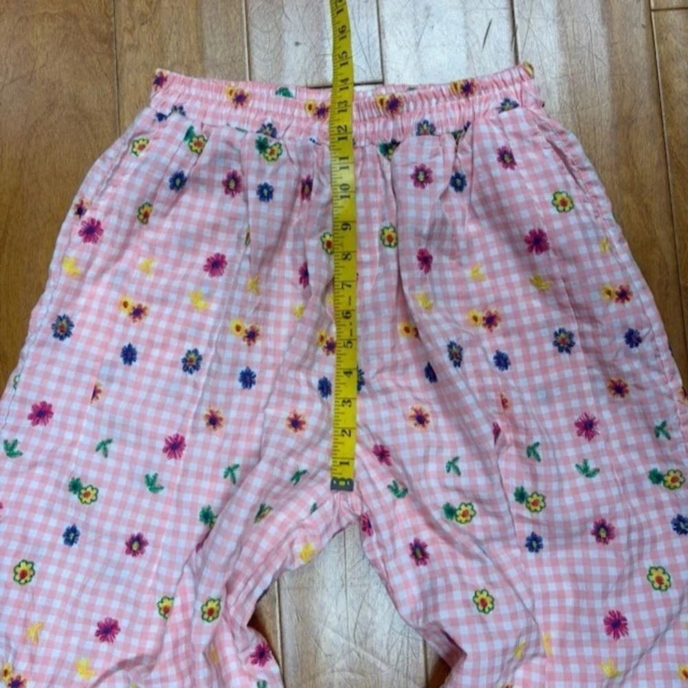 Womens Pink Gingham Floral Embroidered Wide Leg Pajama Pants *M Cottagecore Boho